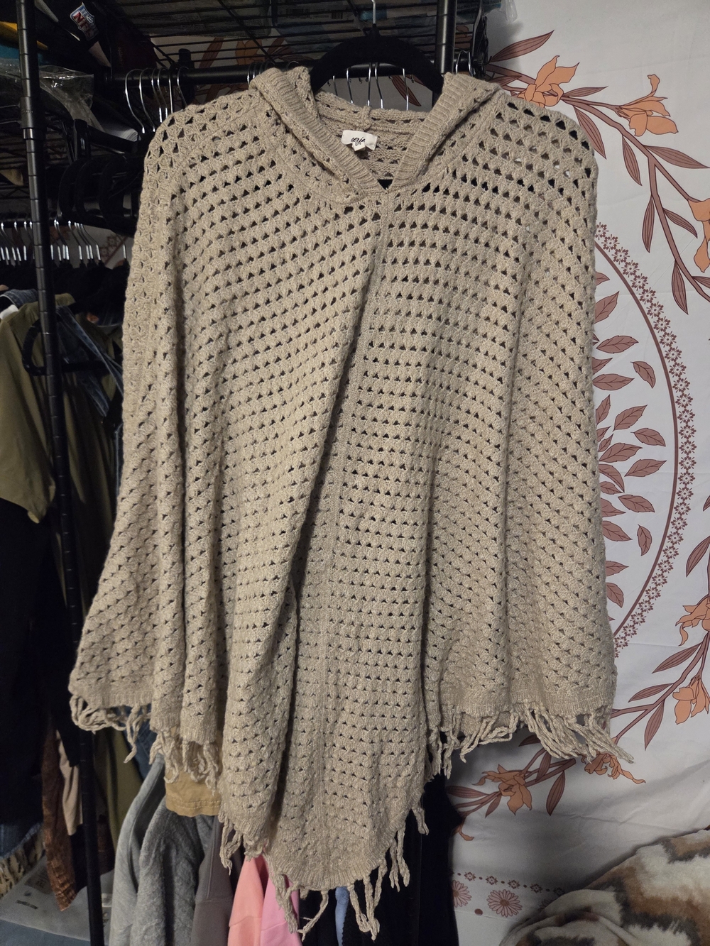 aerie Crochet Hooded Fringe Poncho in Beige Taupe